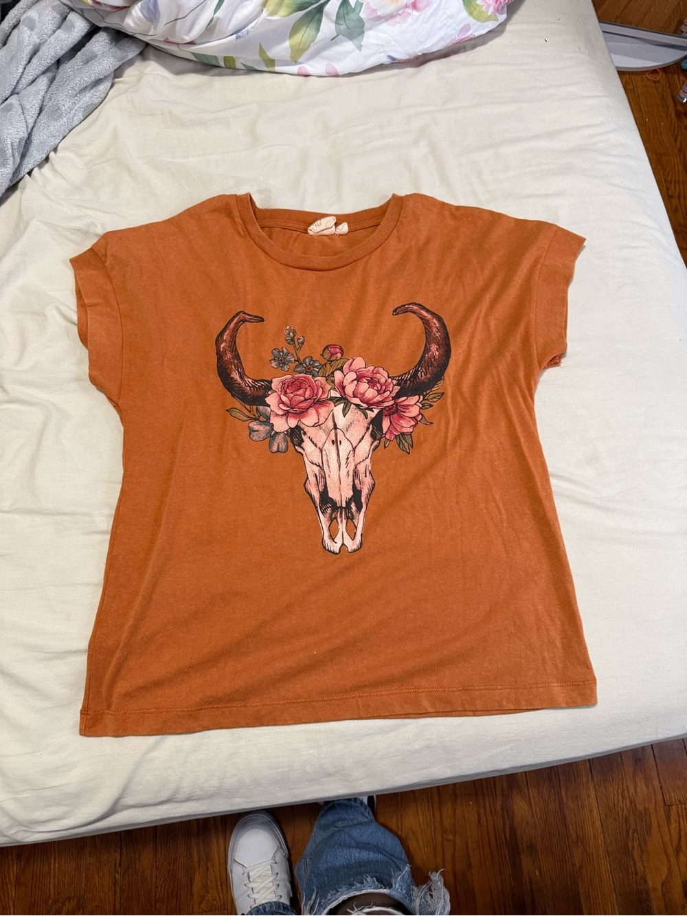 Rust Orange Graphic Floral Bull Skull Tee